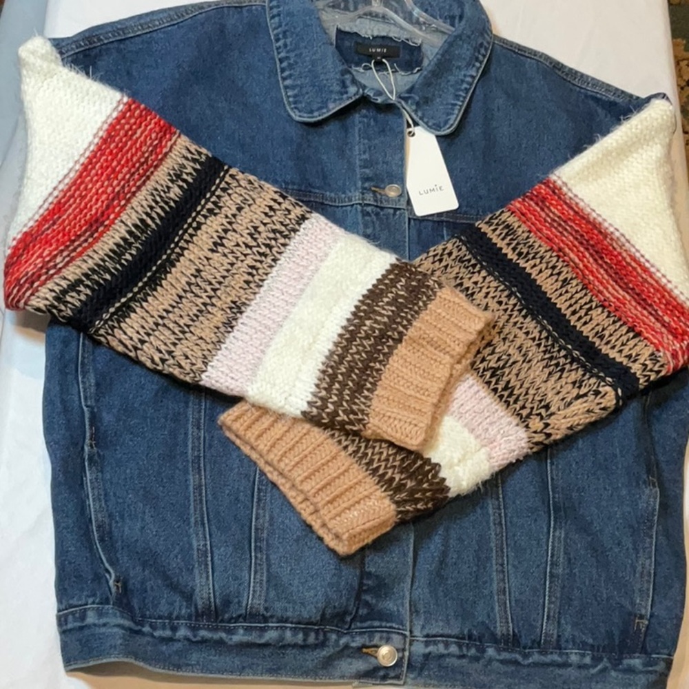 Luvie Blue Denim Jacket with Multi-Color Knit Sleeves - Picture 6 of 6